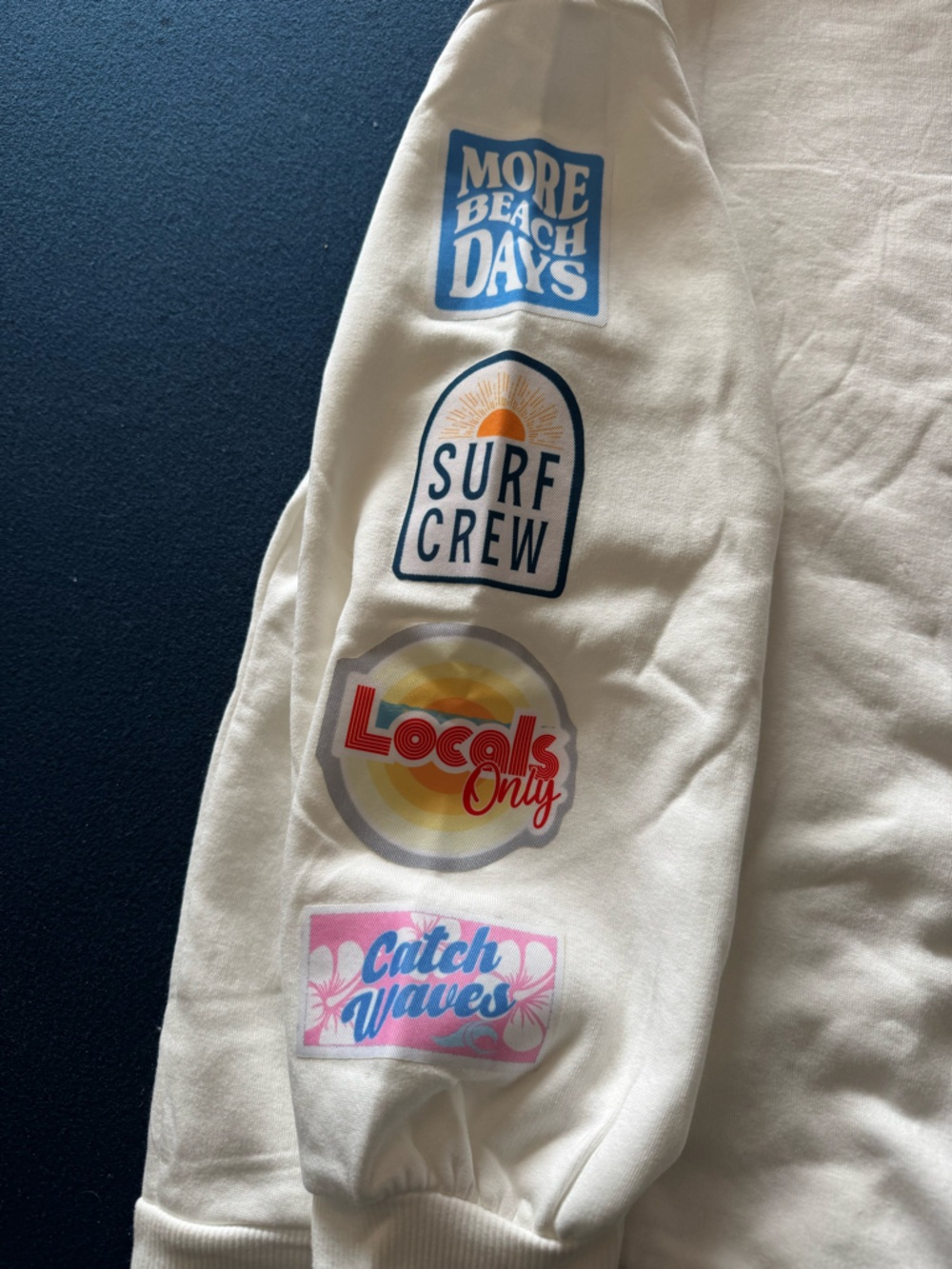 Ocean Drive White Sweatshirt with Yellow Smiley plud many more FUN Patch Prints🙂 - Picture 2 of 10